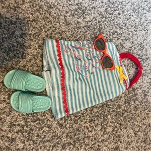 It's Our Time Blue Striped Tote with Red Handle and Accessories